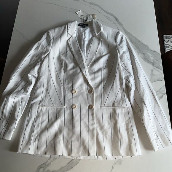 NEW EXPRESS $198 White Black Stripe Linen Blend Double Breasted Blazer Size XS - Picture 1 of 13
